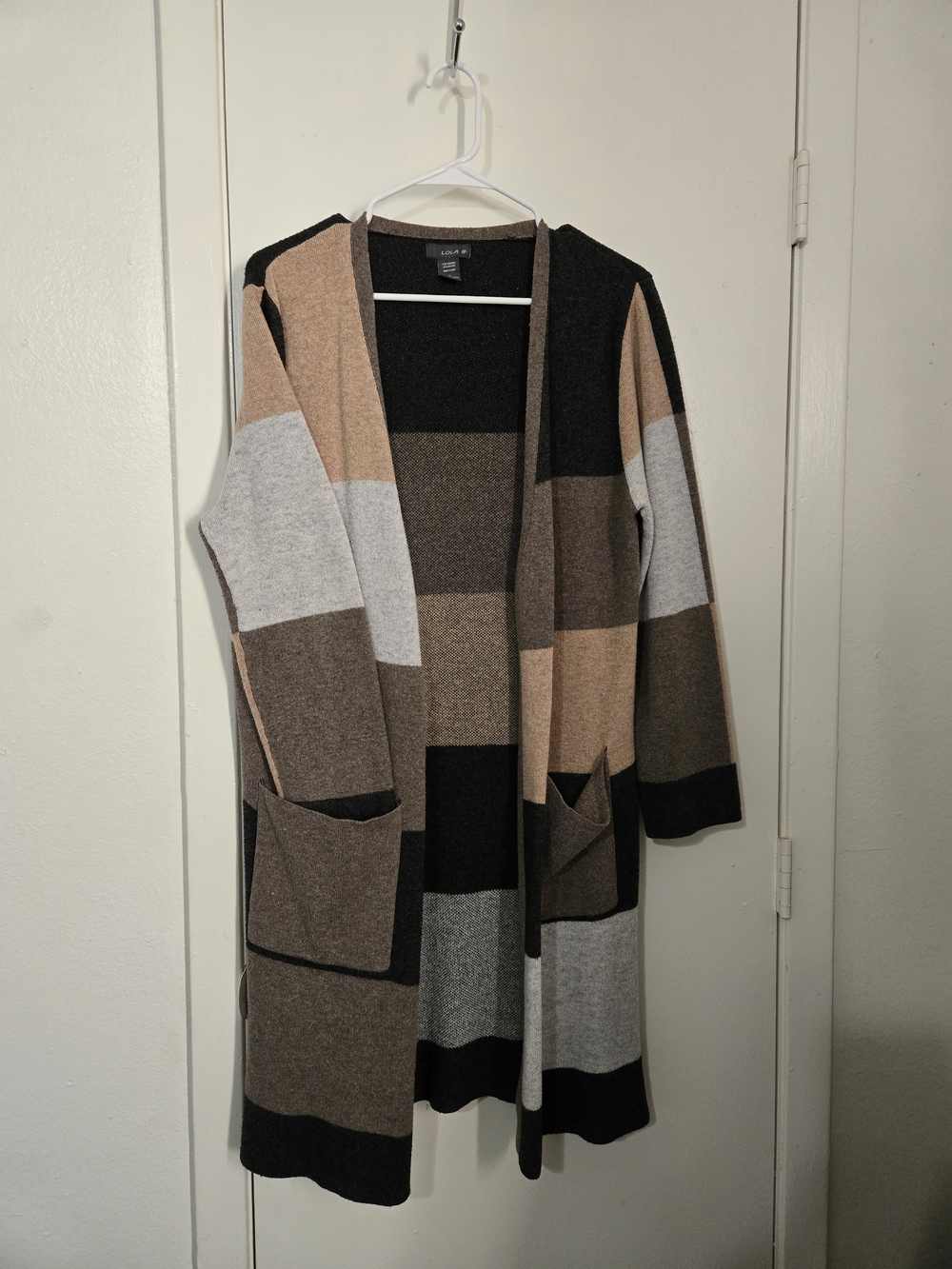 lola Neutral Colorblock Long Open-Front Cardigan